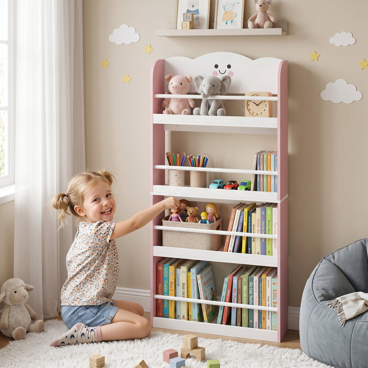 Bibliothèque pour enfant, rangement livre enfant 4 niveaux en thème barbe à papa, 60x12x108cm, rose-1