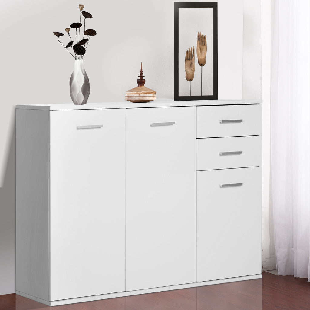 Buffet salon à haut brillance, meuble de rangement avec 2 tiroirs, 3 portes et étagère réglable, style contemporain, buffet salle à manger et cuisine, 106 x 35 x 76 cm, blanc-6