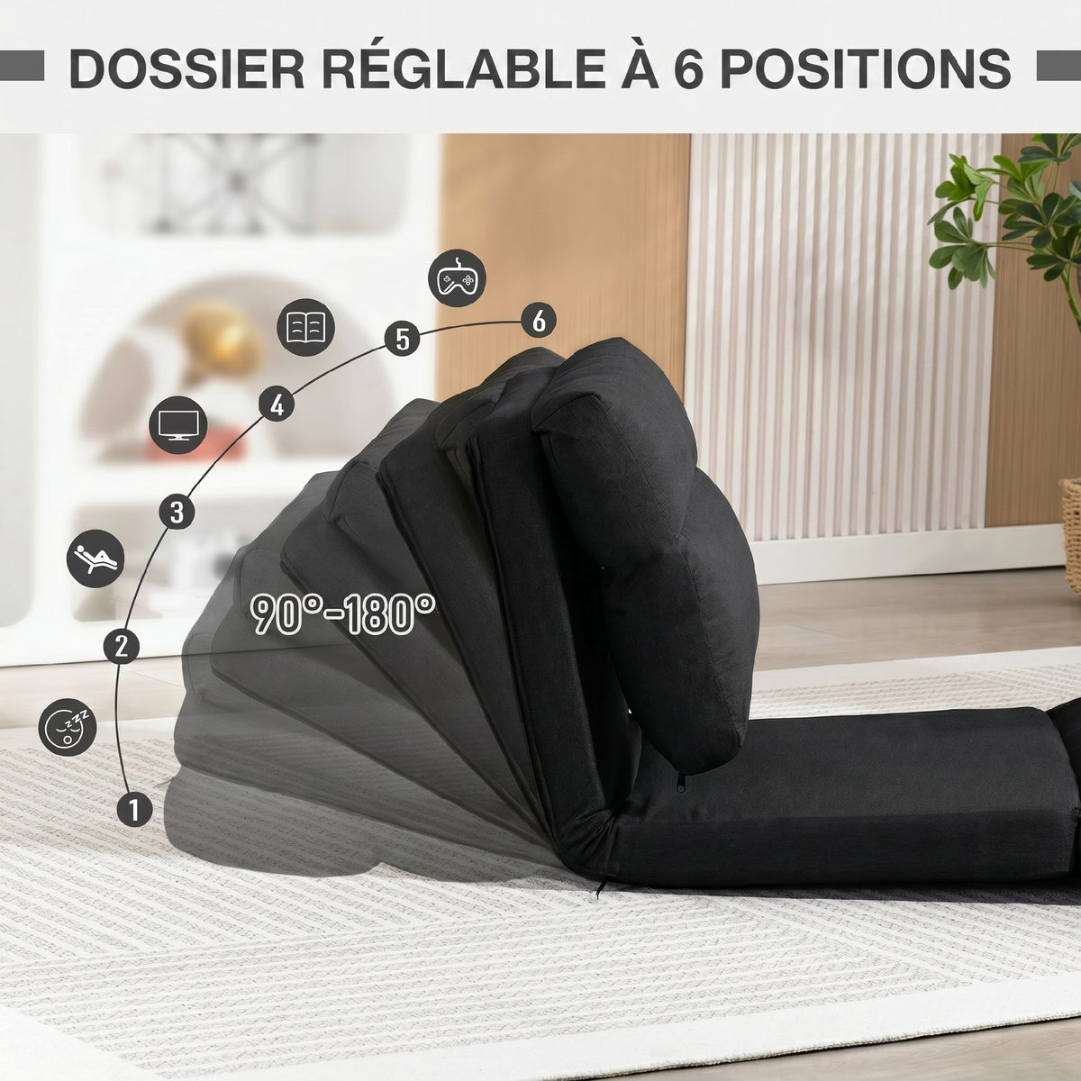 Fauteuil de sol canapé paresseux fauteuil convertible en lit inclinable 90° à 180° tissu - 70 x 72 x 56 cm - noir-4