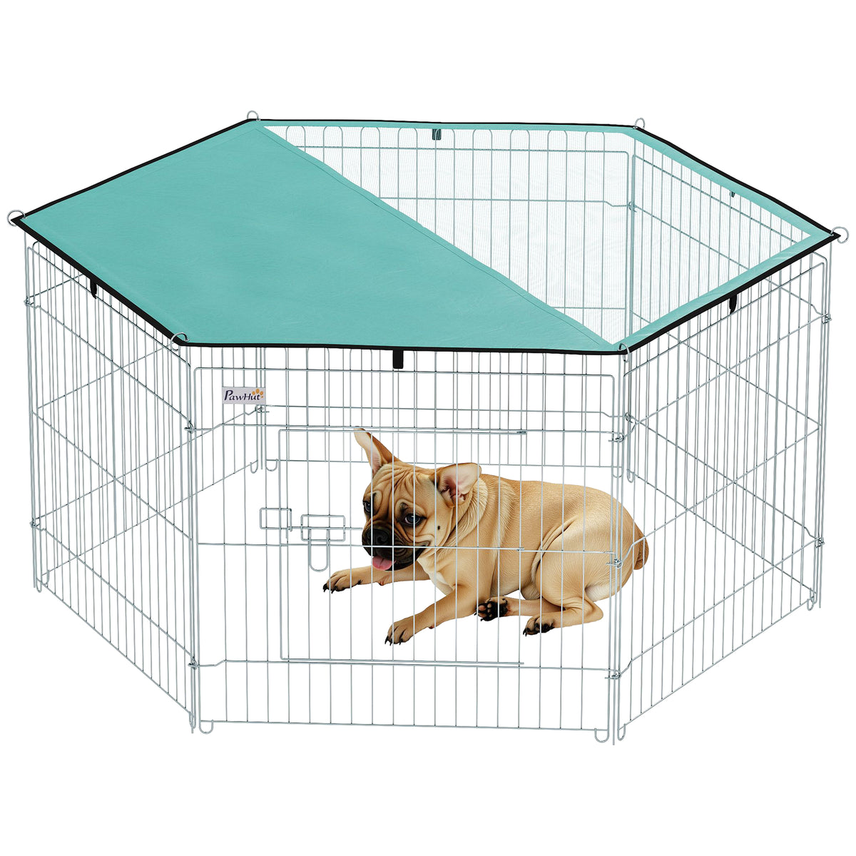Parc pour chien, enclos chien 6 panneaux avec toit, modulable et pliable, enclos portable 60H cm avec porte, clôture pour chat, chiens de petit taille, intérieur et extérieur, argent, vert-0