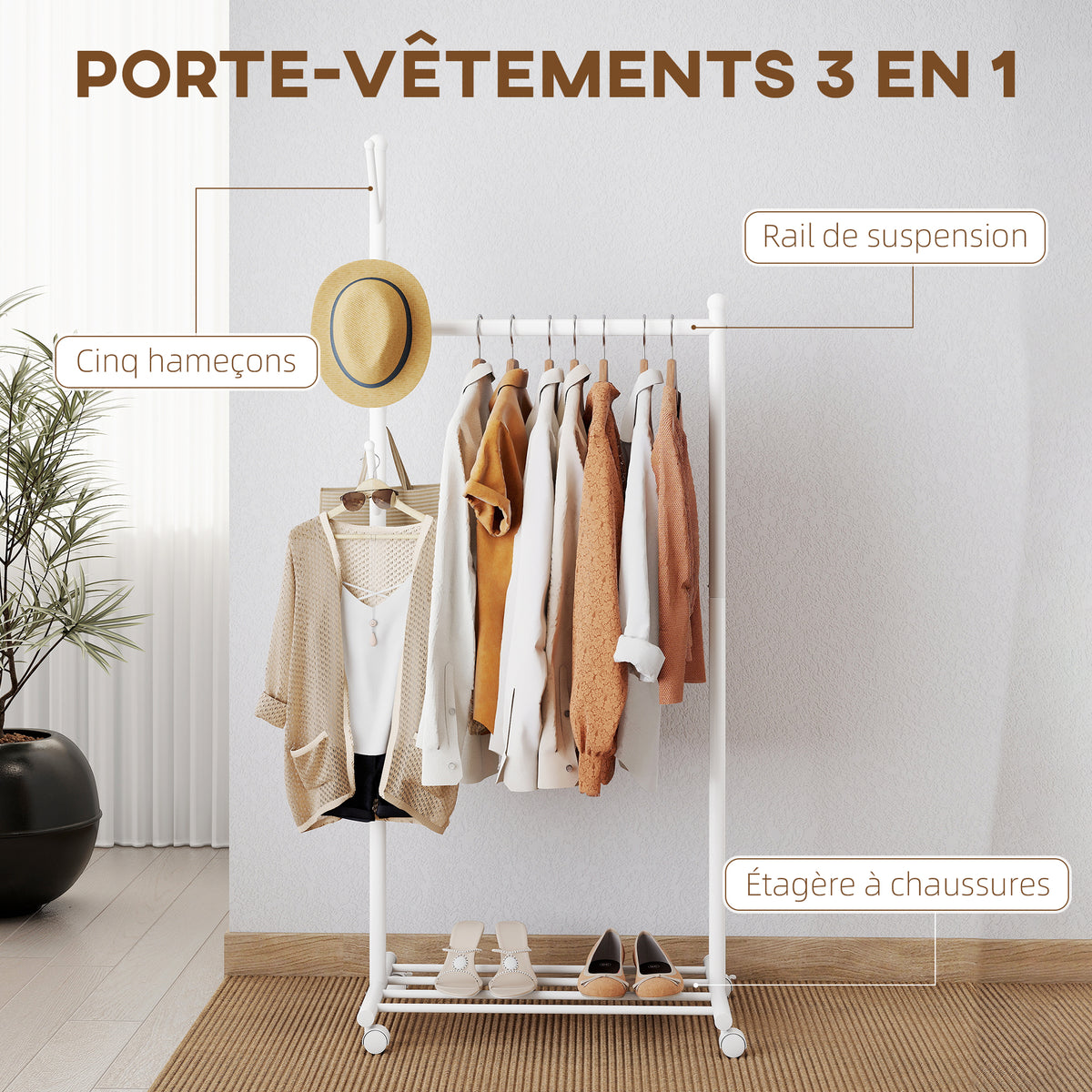 Portant à vêtements, porte-manteau sur roulettes avec étagère à chaussures et 5 crochets, 68 x 43 x 171 cm, blanc-3