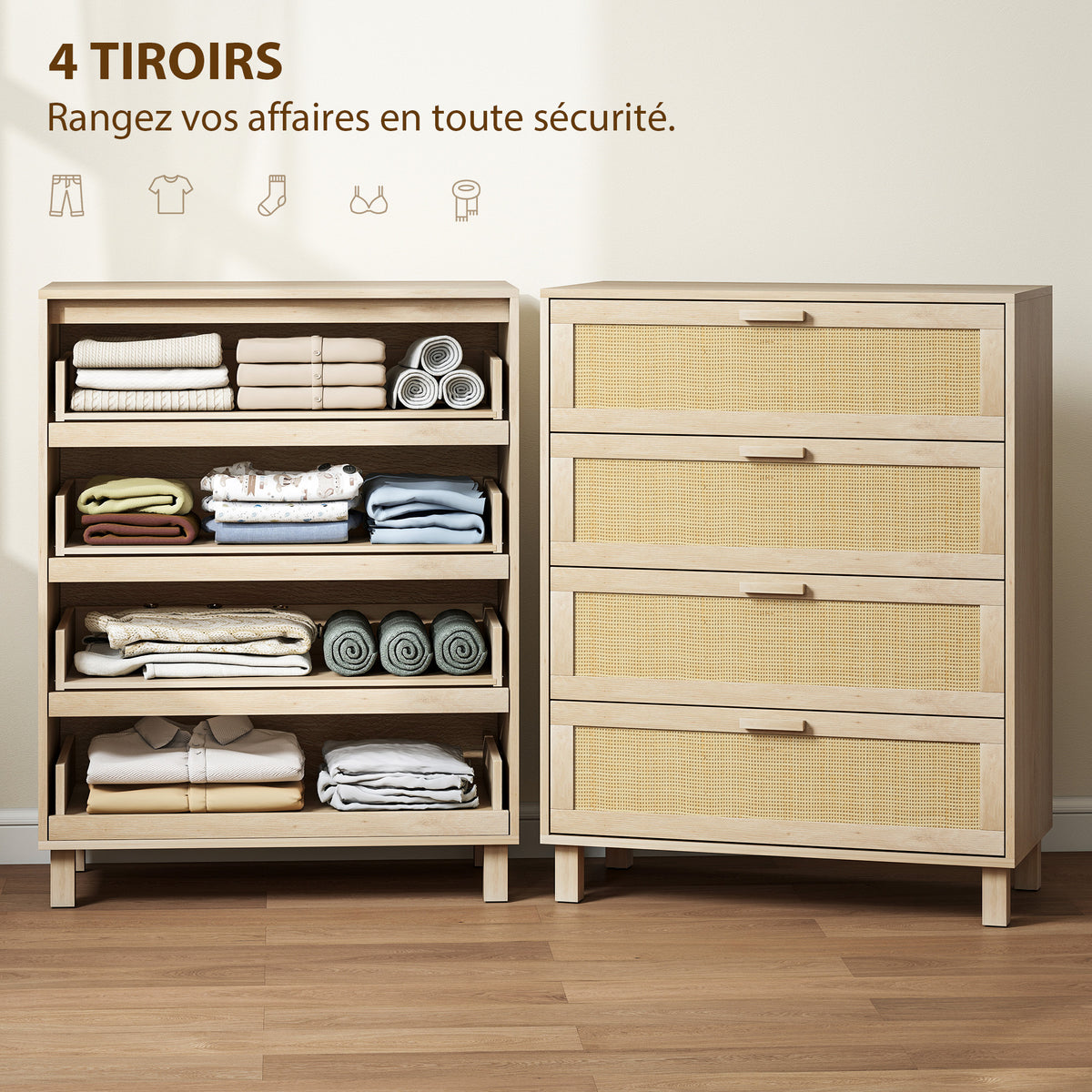 Commode 4 tiroirs cannage en rotin dim. 80L x 40l x 103H cm MDF Aspect Bois Clair-4