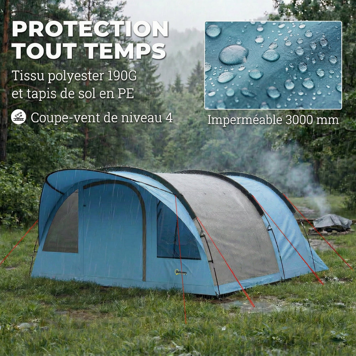 Grande Tente Tunnel Camping 4 Personnes 3-4 Saisons Hauteur d'Homme 2 m Séjour XL 3,7 m Imperméable 3000mm Bleu-4