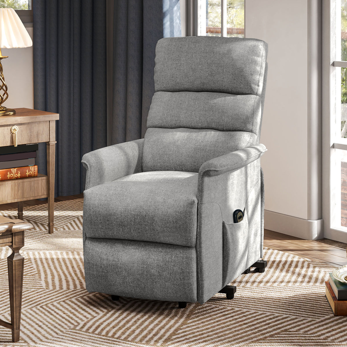 Fauteuil releveur électrique avec repose-pied dossier inclinable télécommande et pochette gris-9