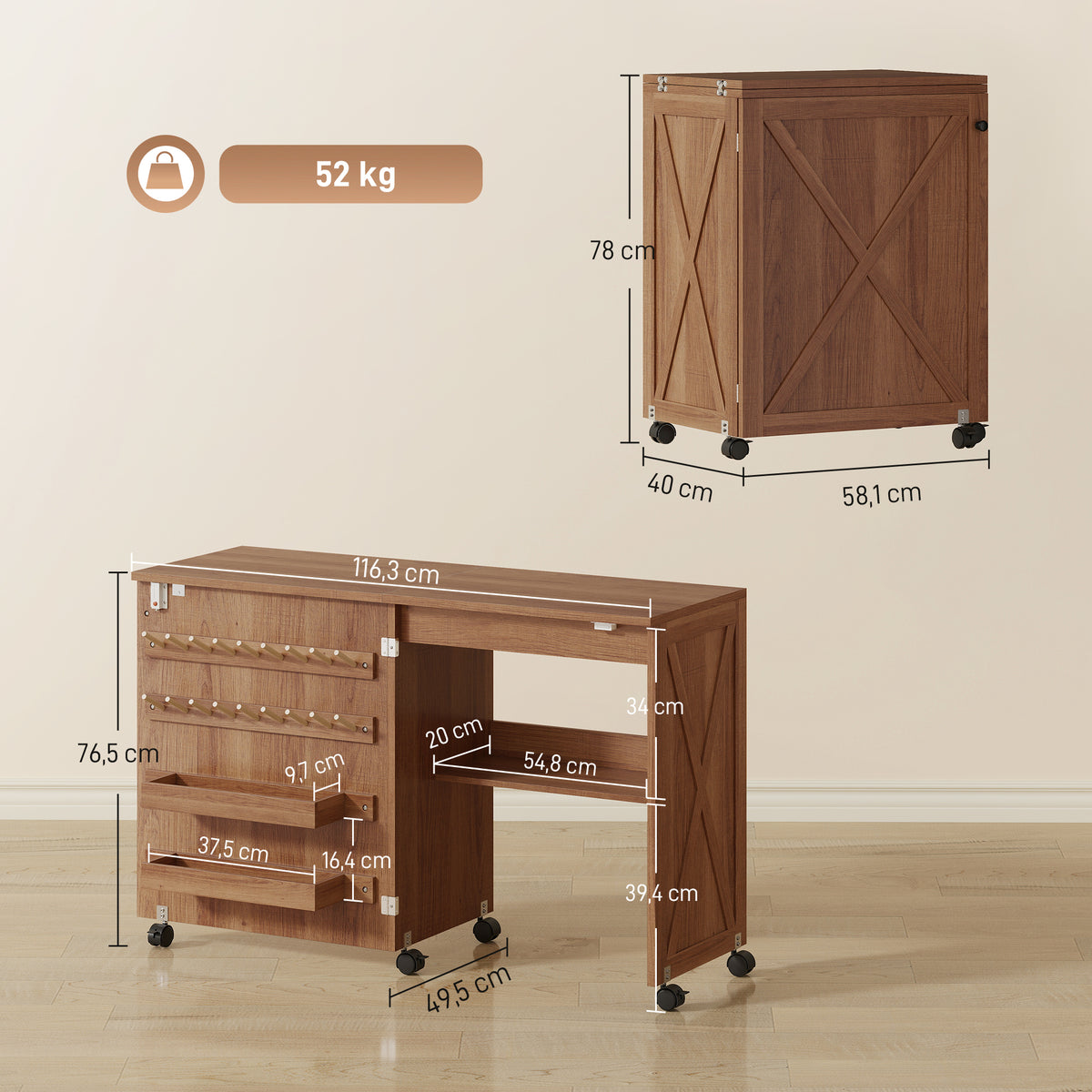 Table de Couture Pliante, Meuble Couture Roulant, Porte Magnétique de Grange, 2 Bacs, Étagère, 18 Chevilles, marron-2