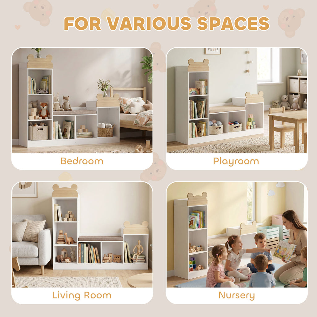 Bibliothèque Enfant, Meuble Rangement Enfant 3 en 1 avec Banc, 6 Compartiments, 2 Étagères, Coussin d'Assise, Blanc-7