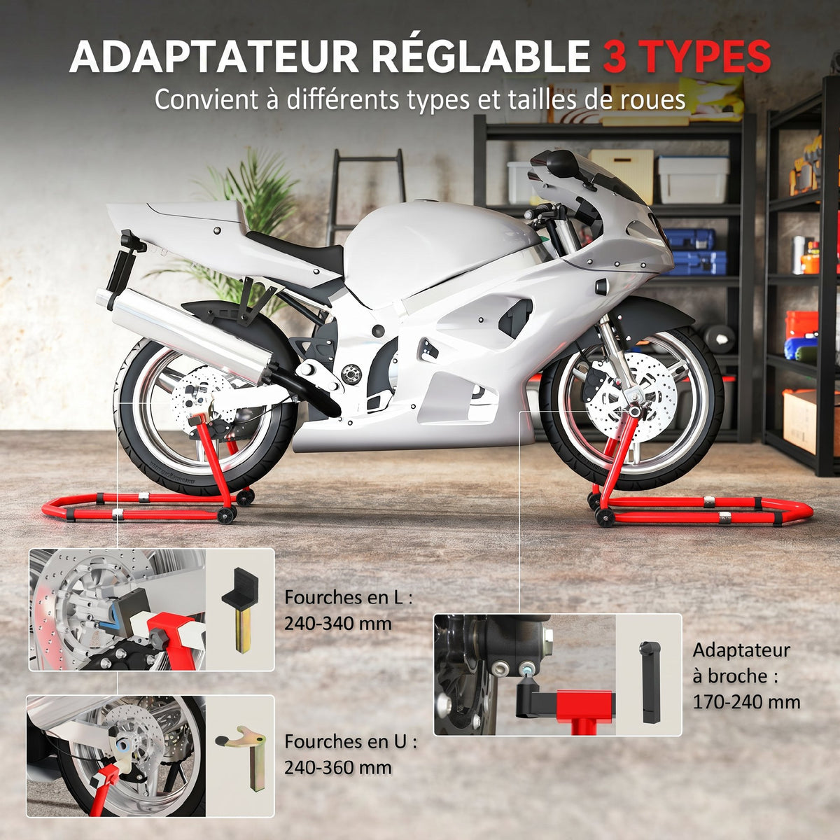 Béquille roue avant arrière charge 390kg béquille d'atelier moto bras réglable en acier, fourche en forme de U + L rouge-5