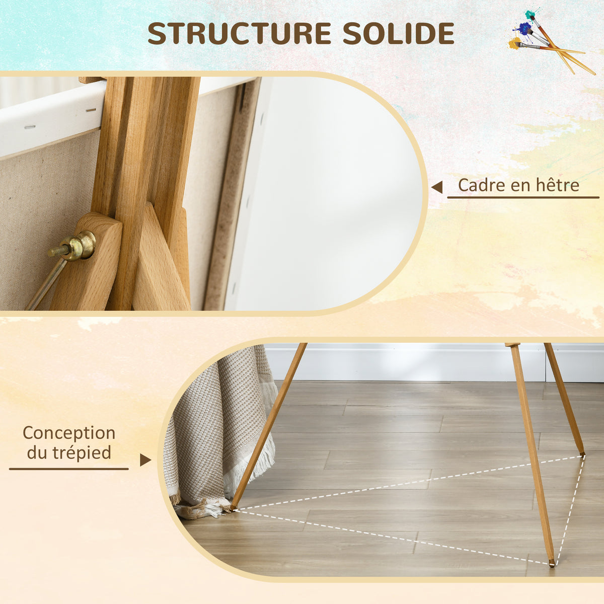 Chevalet d'artiste en bois sur pieds pliable portable supporte des toiles jusqu'à 66/107 cm bois naturel-4