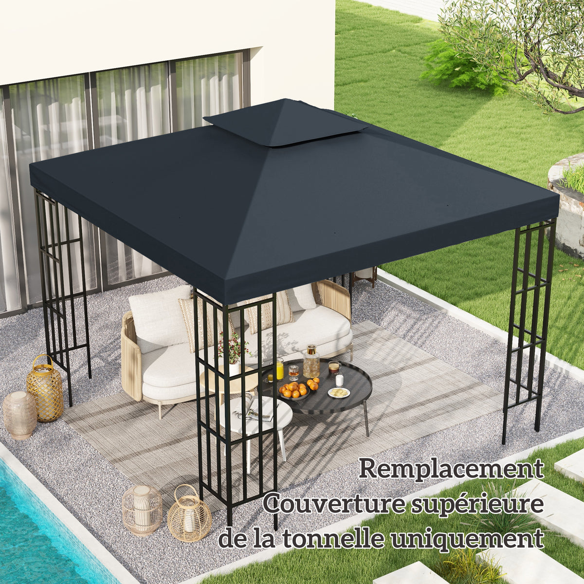 Toile de rechange pour pavillon tonnelle tente 3 x 3 m polyester haute densité 180 g/m² gris foncé-1