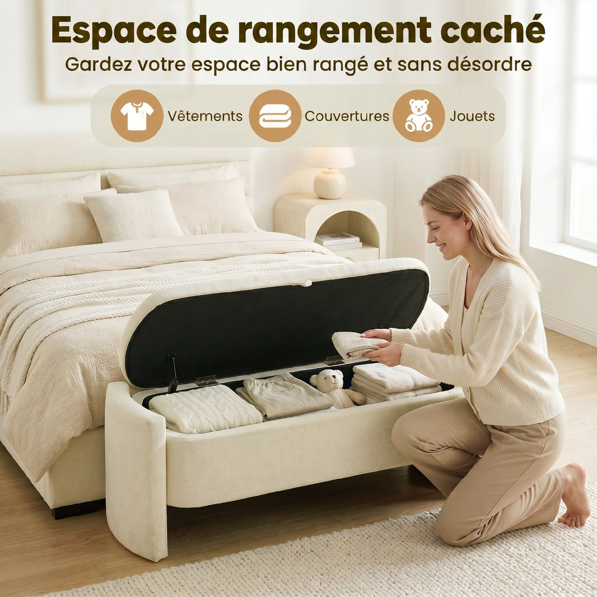 Banc Bout de Lit Banquette, 118x42x45cm, Banc de Rangement Rembourré en Tissu Bouclé, Pieds en Bois d'Eucalyptus, Crème-4