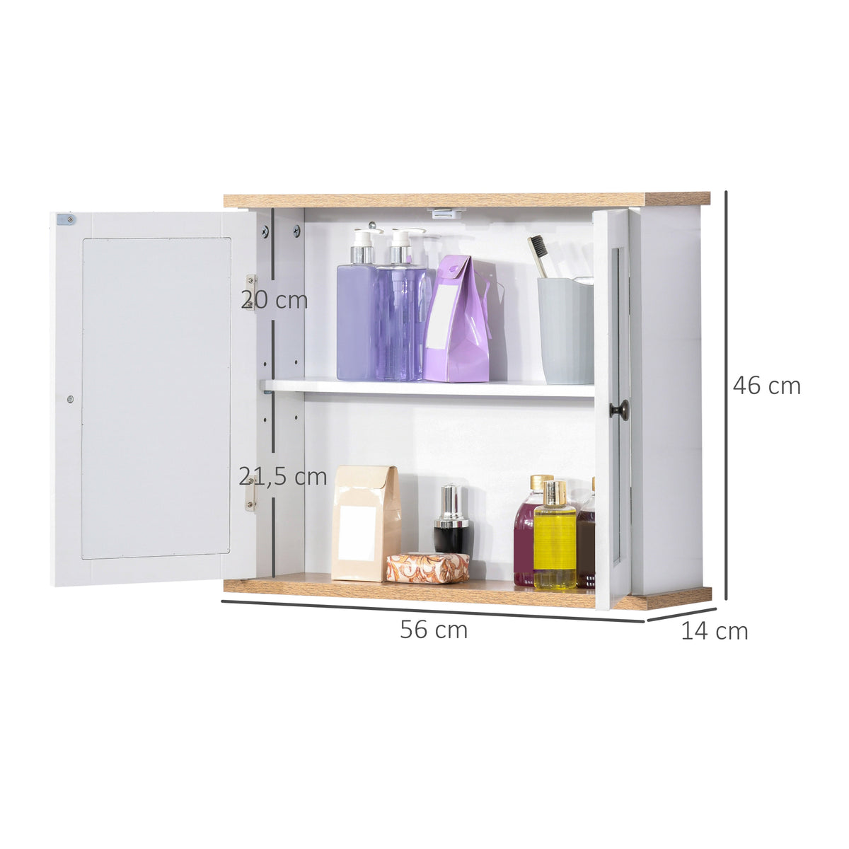 Armoire Murale avec Miroir pour Salle de Bain 2 Niveaux avec 1 étagère réglable et 2 Portes en bois- dim. 56I x 14P x 46H cm-2