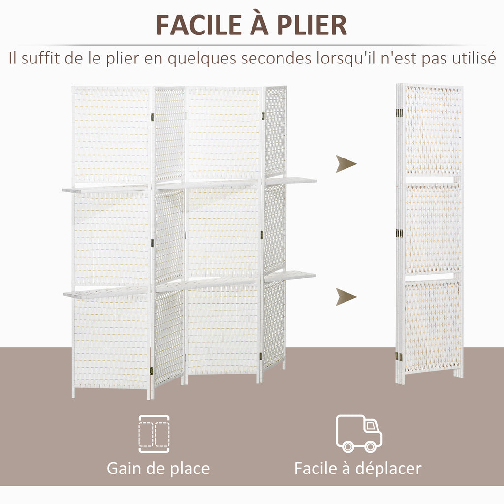 Séparateur de pièces 4 panneaux 2 étagères pliables blanc paille-3