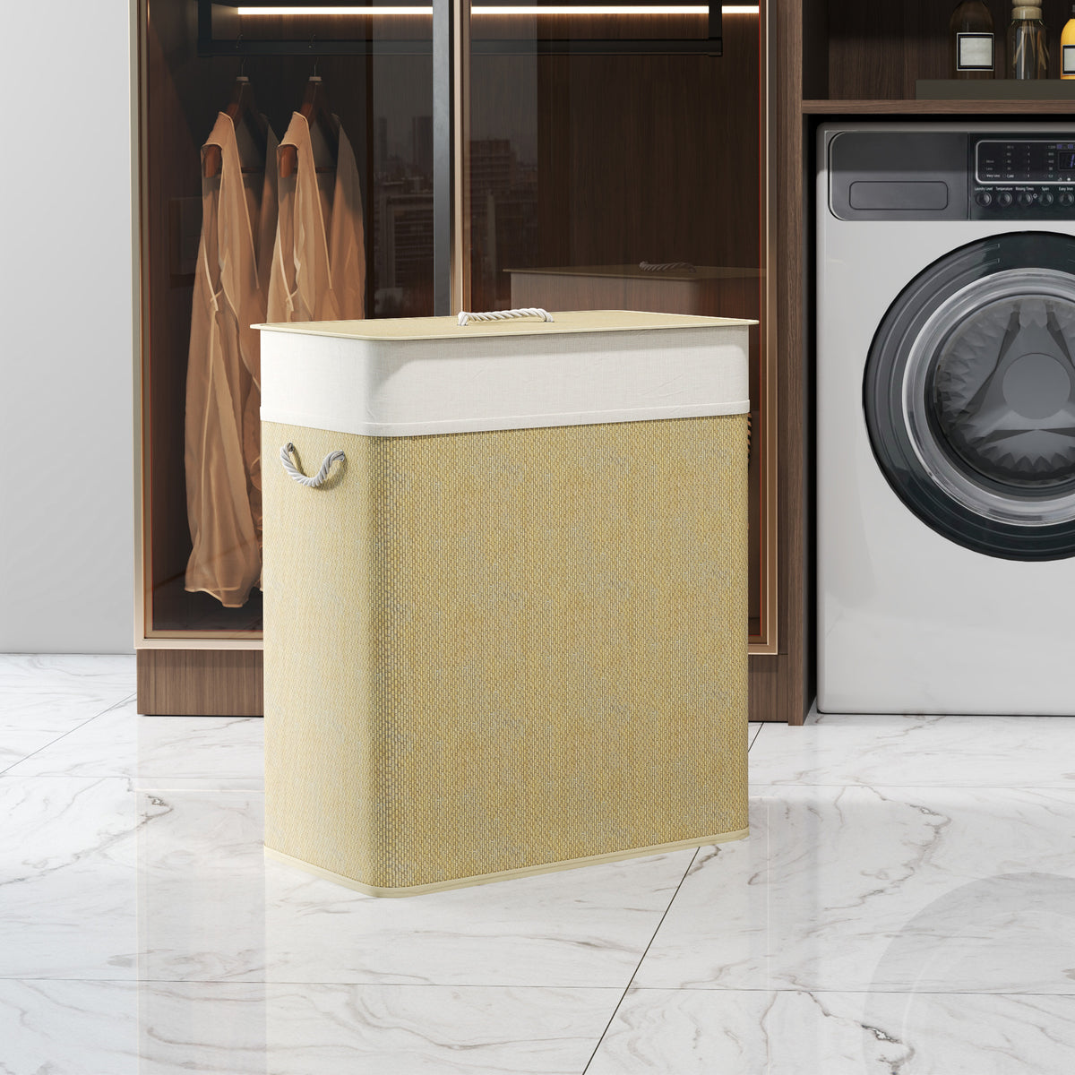 Panier à linge double avec couvercle, panier à linge en bambou 100 L avec poignées en corde-8