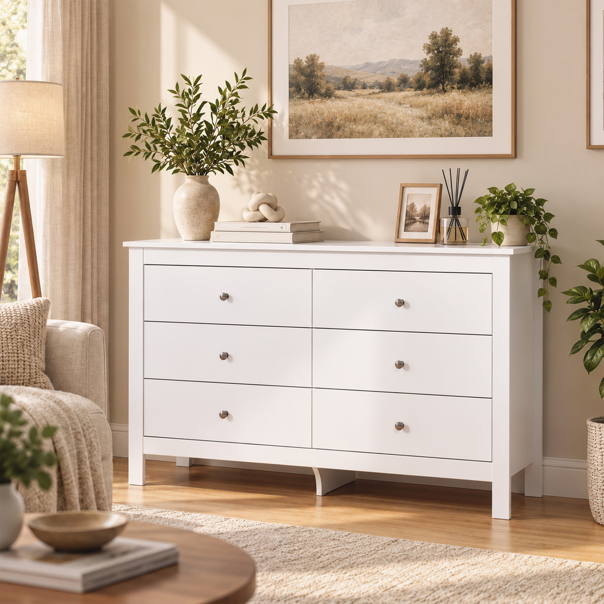 Commode 6 Tiroirs, Meuble de Rangement avec Glissières Fluides, Chiffonnier, Style Moderne, 118 x 39,5 x 75,5 cm, Blanc-7