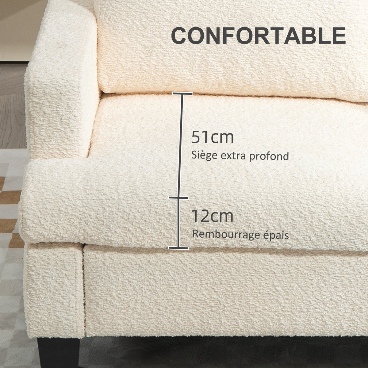 Canapé 2 places 120 cm avec coussins de dossier amovibles, tissu chenille pour salon, chambre, bureau, beige-3