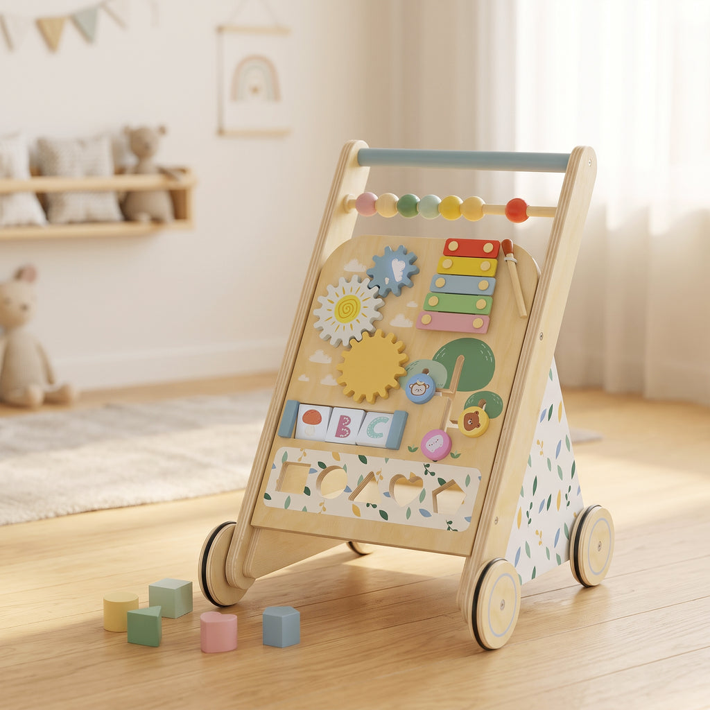 Trotteur Bebe en Bois, Chariot de Marche Bébé avec Centre d'Activités, Vitesse Réglable et 5 Blocs, dès 18 Mois, Naturel-1