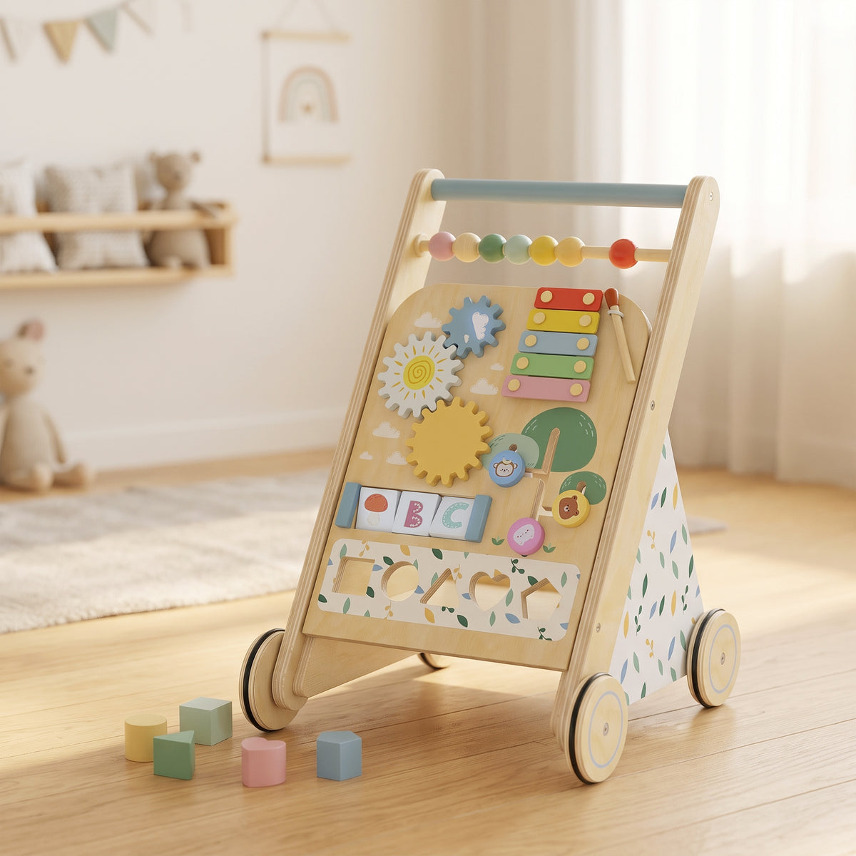 Trotteur Bebe en Bois, Chariot de Marche Bébé avec Centre d'Activités, Vitesse Réglable et 5 Blocs, dès 18 Mois, Naturel-1