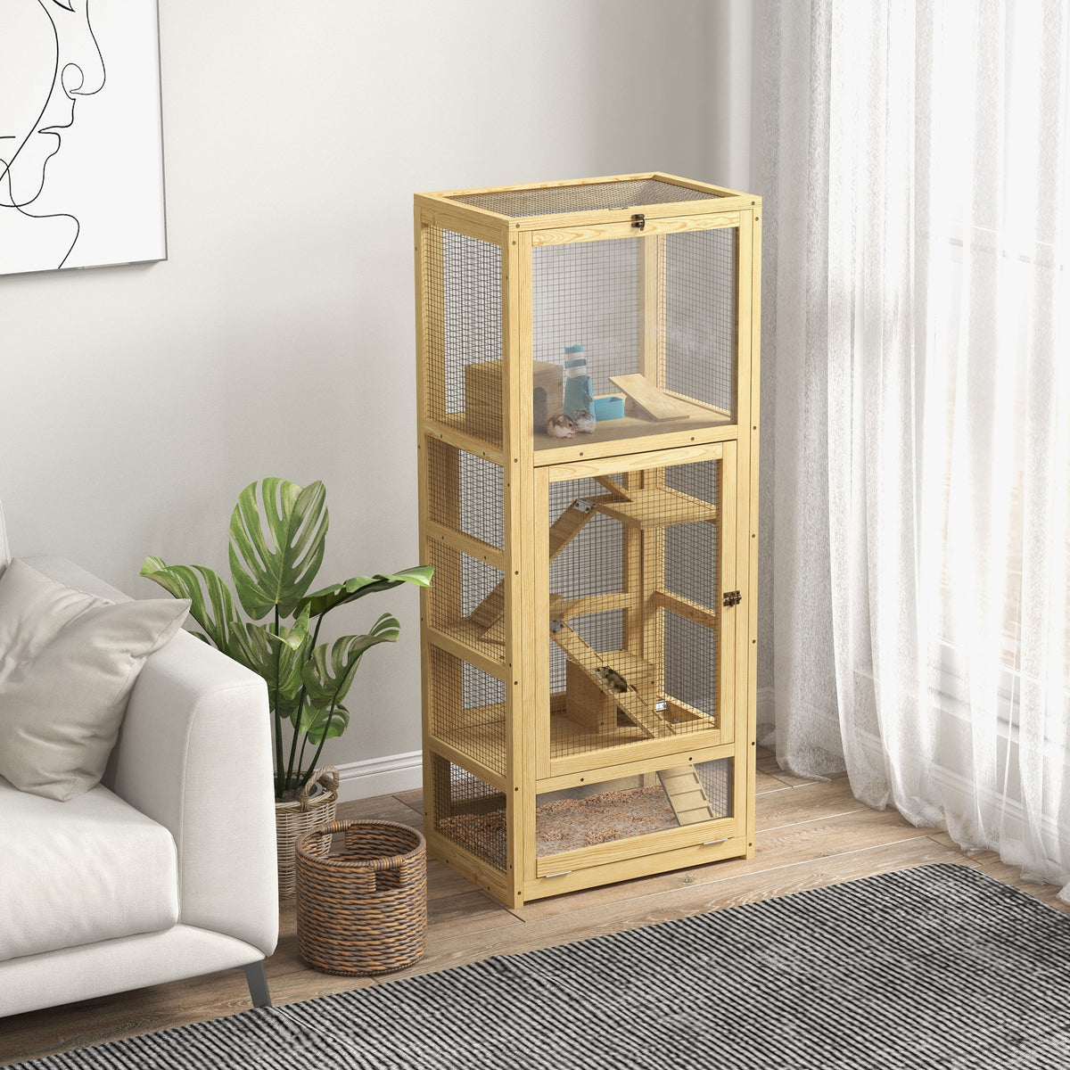 Cage pour hamsters ou petits animaux en bois 5 niveaux avec échelle niche balançoire 54 x 38 x 131 cm naturel-1