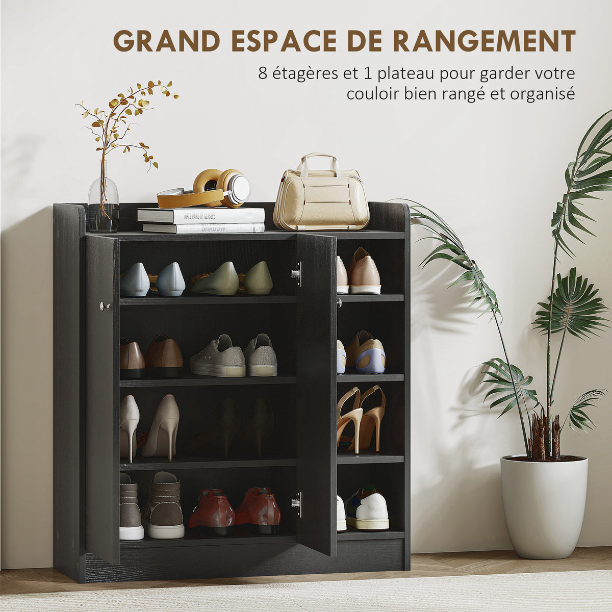 Meuble de rangement à chaussures pour entrée 12 paires - armoire à chaussures avec 4 compartiments ouverts- noir-3