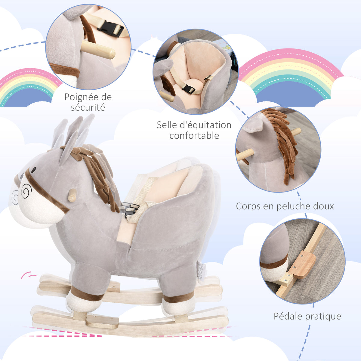 Cheval à Bascule modèle âne Fonction Musicale Selle Grand Confort Peluche Courte Douce Bois peuplier Gris dim. 61L x 34l x 58H cm-3