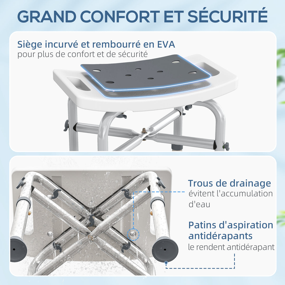 Tabouret de douche chaise de douche - assise rembourré et réglable, patins à ventouses antidérapants, en aluminium gris-3