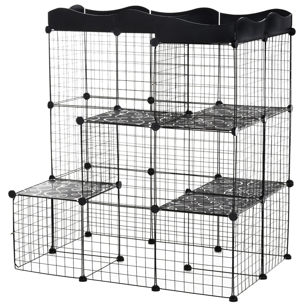 Cage parc enclos pour petits animaux chats lapins modulable 3 niveaux 2 portes rampe fil métallique 105 x 70 x 116 cm noir-0