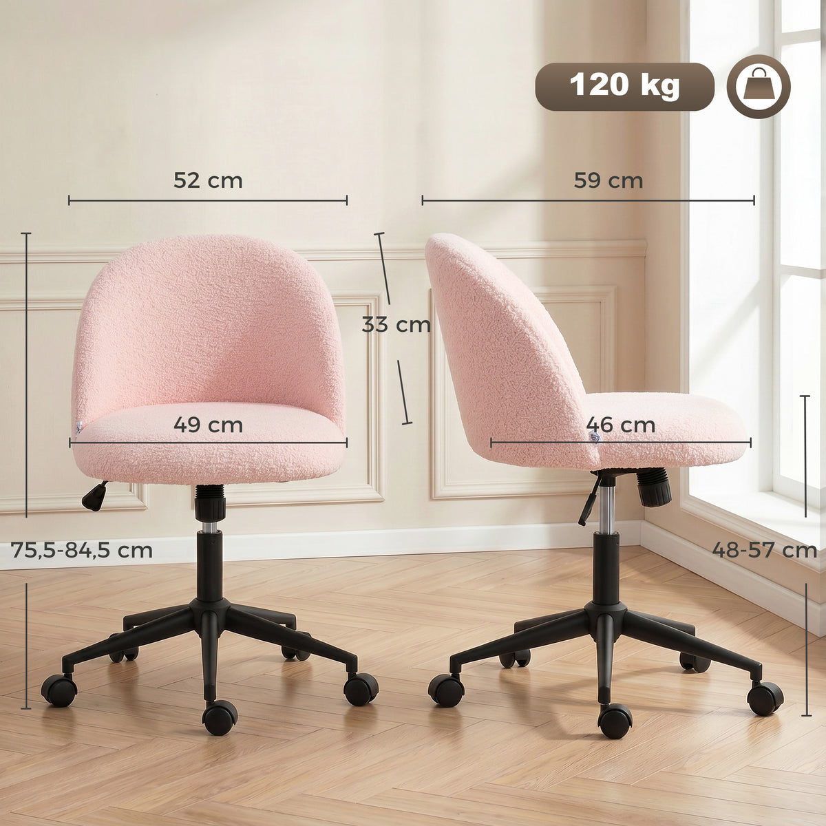Chaise de Bureau Pivotante en Fourrure Teddy, Hauteur Réglable, Roulettes, Mousse Haute Résilience, Rose-2