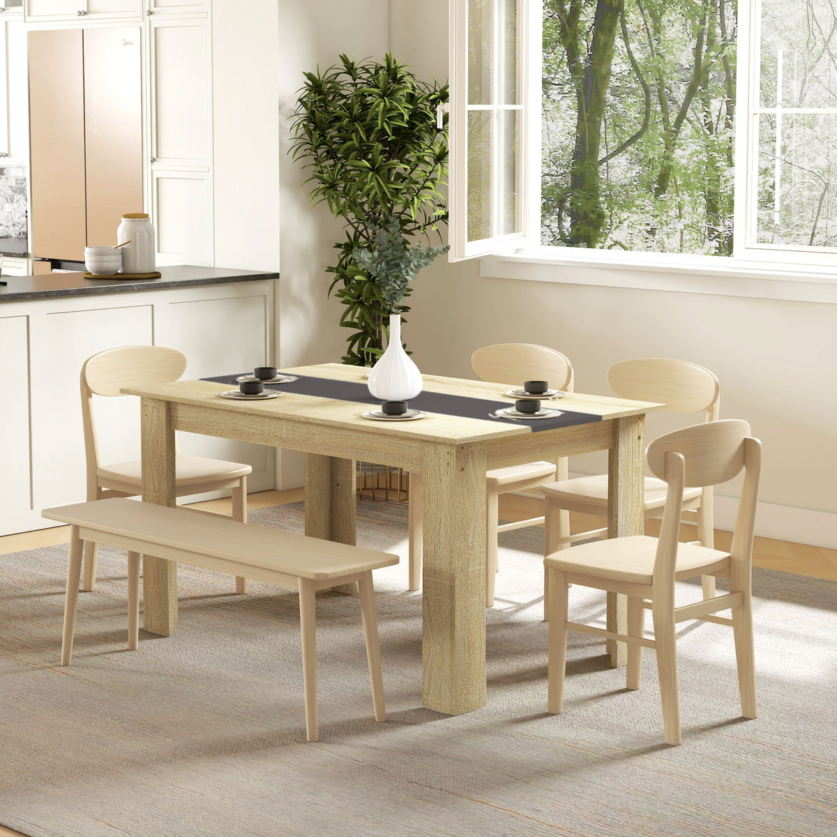 Table de salle à manger pour 6 personnes en bois aspect naturel et noir, dim. 140L x 90l x 75H cm-1