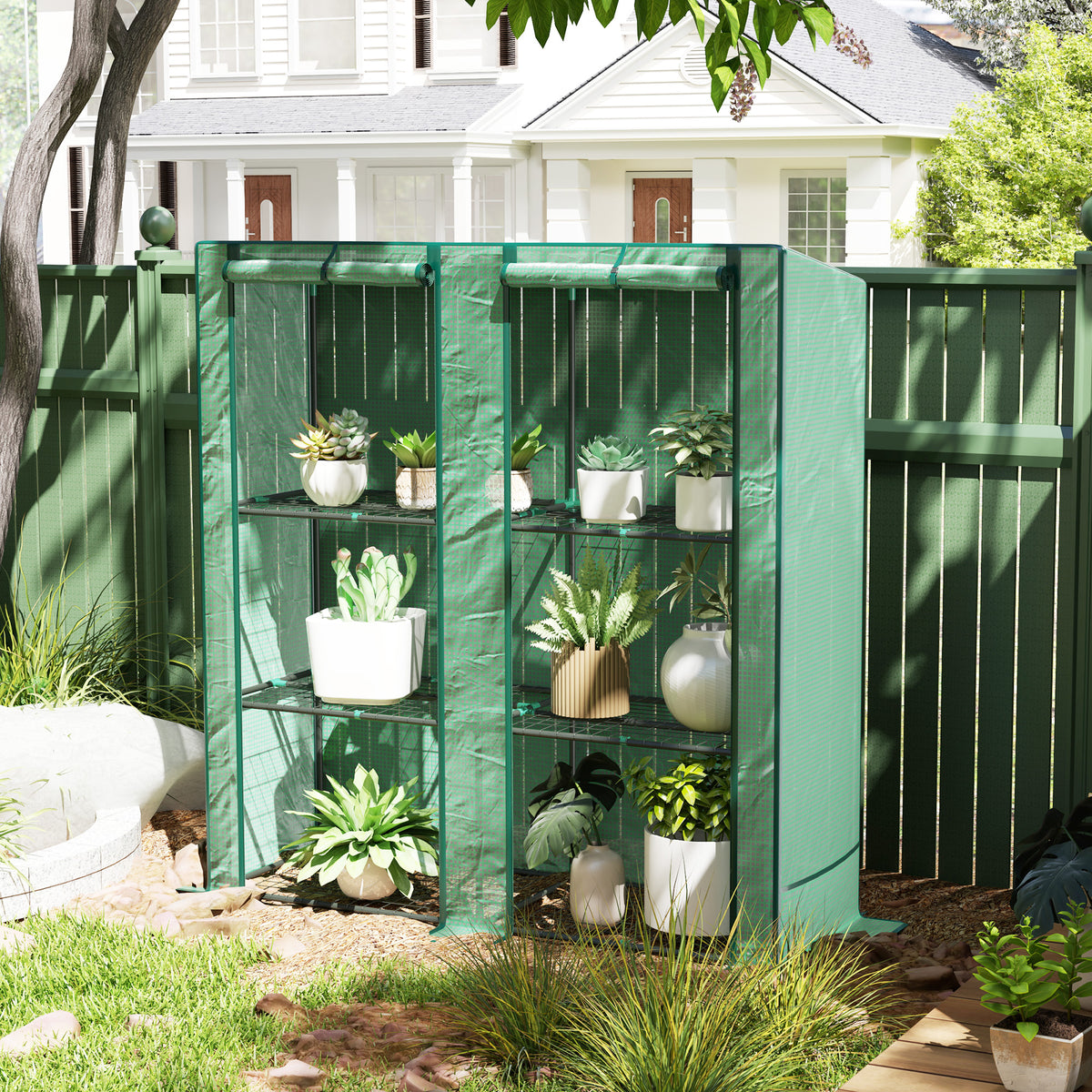 Serre de jardin avec étagères métalliques à 3 niveaux serre de balcon couverture PE toit incliné 144 x 48 x 152 cm vert-1