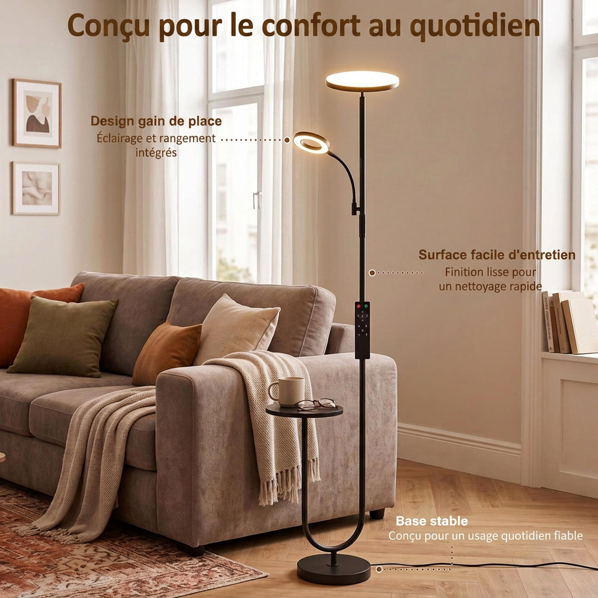 Lampadaire LED Dimmable 42W 4840LM Liseuse Réglable et Tablette Lampadaire sur Pied Salon 2700K-6000K Télécommande Noir-6
