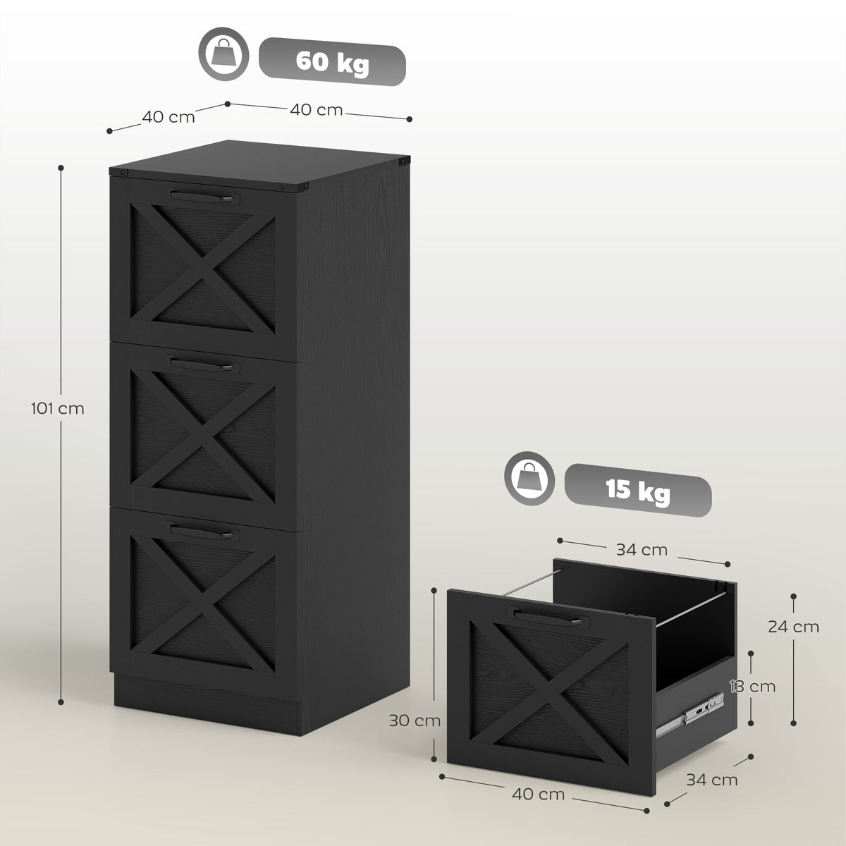 Caisson de Bureau avec 3 Tiroirs, Dossiers Suspendus pour Formats Lettre/A4, Style Rustique, 40x40x101cm, Noir-2