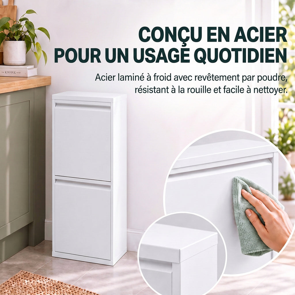 Meuble Poubelle de Tri Sélectif, Poubelle de Recyclage 30 L (2 x 15 L) avec 2 Compartiments, Fermeture Douce, Blanc-6