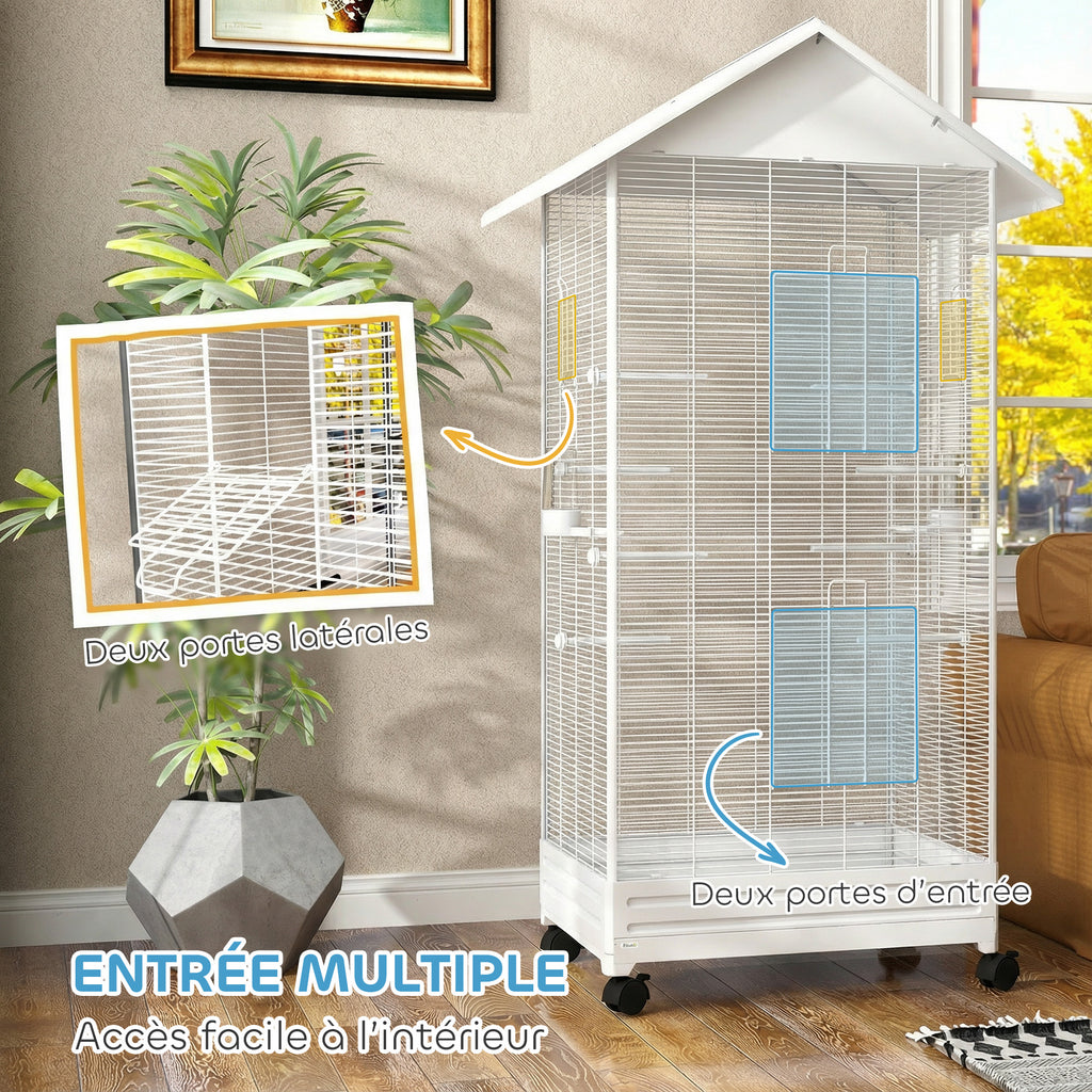 Cage oiseau sur pied volière oiseaux intérieure sur roulettes 2 mangeoires 8 perchoirs 79 x 65 x 155 cm fil d'acier blanc-5