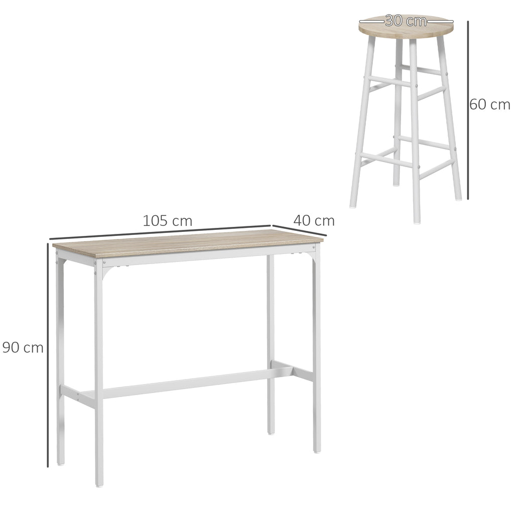 Ensemble table haute de bar + 2 tabourets structure en acier plateau aspect bois naturel 2 personnes blanc-2