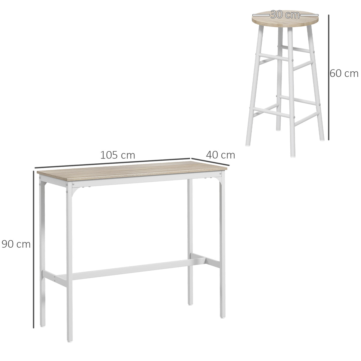 Ensemble table haute de bar + 2 tabourets structure en acier plateau aspect bois naturel 2 personnes blanc-2