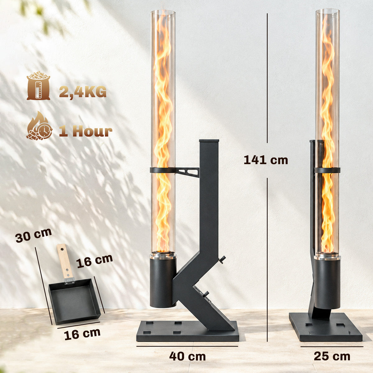Chauffage de Terrasse à Pellets 13000 W, Réservoir de 2,4 kg, Tube en Verre 107,5 cm, Cendrier, 53x25x141cm, Noir-2