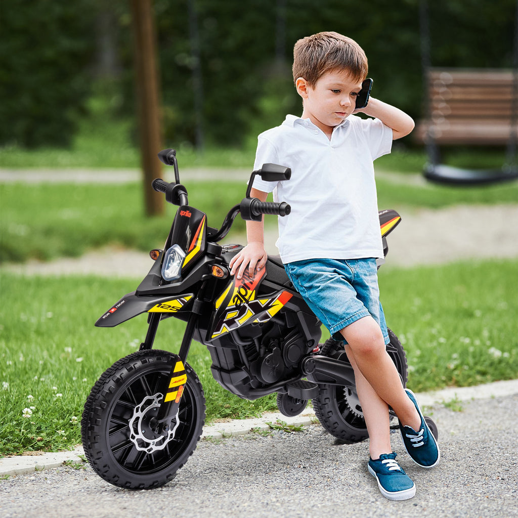 Moto électrique enfants sous licence Aprilia avec 2 moteurs 12V, roues d'entraînement, lumière LED, musique - jaune-1