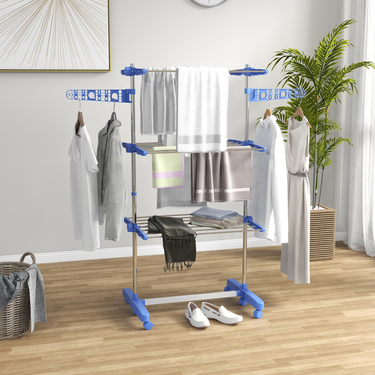 Séchoir à linge étendoir pliable ailes latérales utilisation intérieure et extérieure 3 niveaux 142 x 55 x 152 cm bleu-1