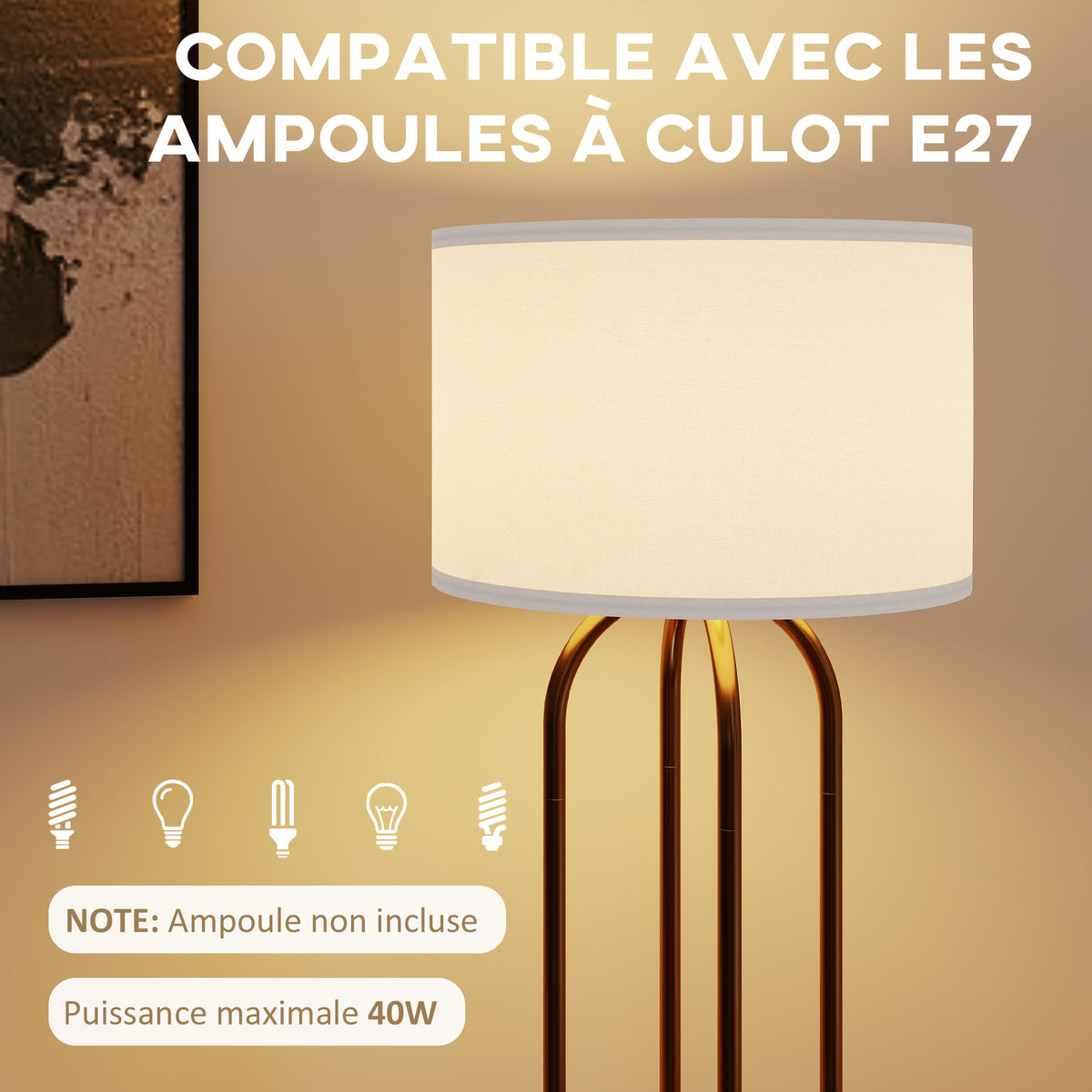 Lampadaire sur pied de salon, lampe sur pied avec abat-jour en lin et interrupteur à pied, Ø 38 x 161 cm, doré et beige-4