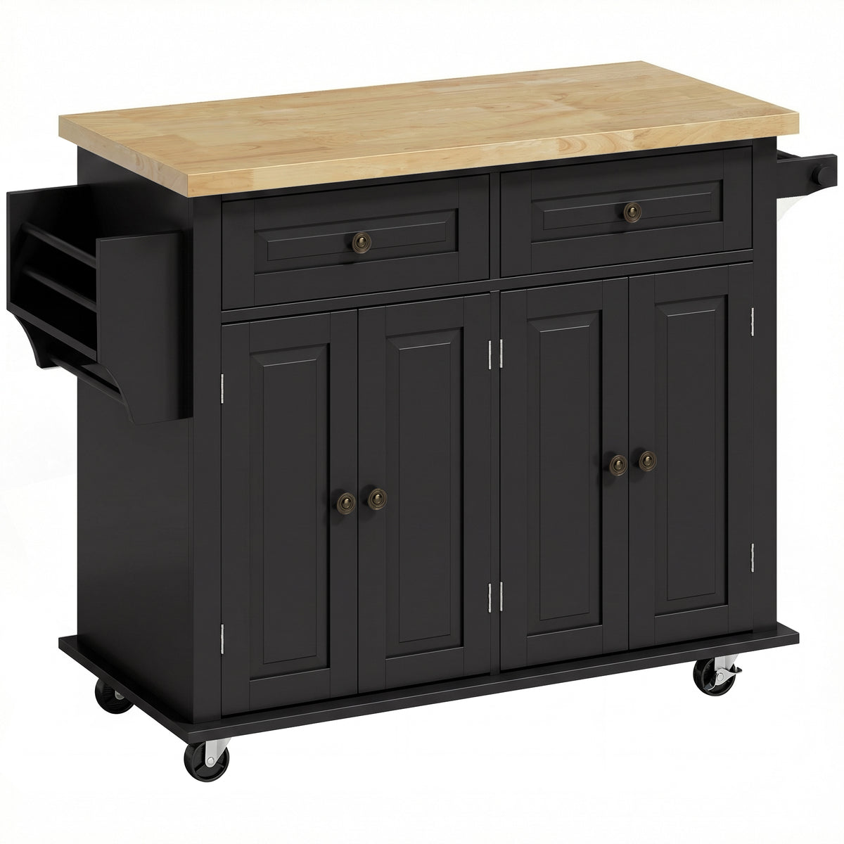 Îlot Central Cuisine avec Plateau en Hévéa, Desserte de Cuisine sur Roulettes avec 2 Tiroirs, 111 x 44,5 x 82,5 cm, Noir-0