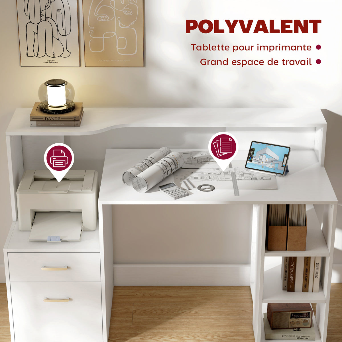 Bureau informatique, bureau avec rangement, 2 tiroirs, étagères ouvertes et tablette d'imprimante, 137x55x92cm, blanc-3