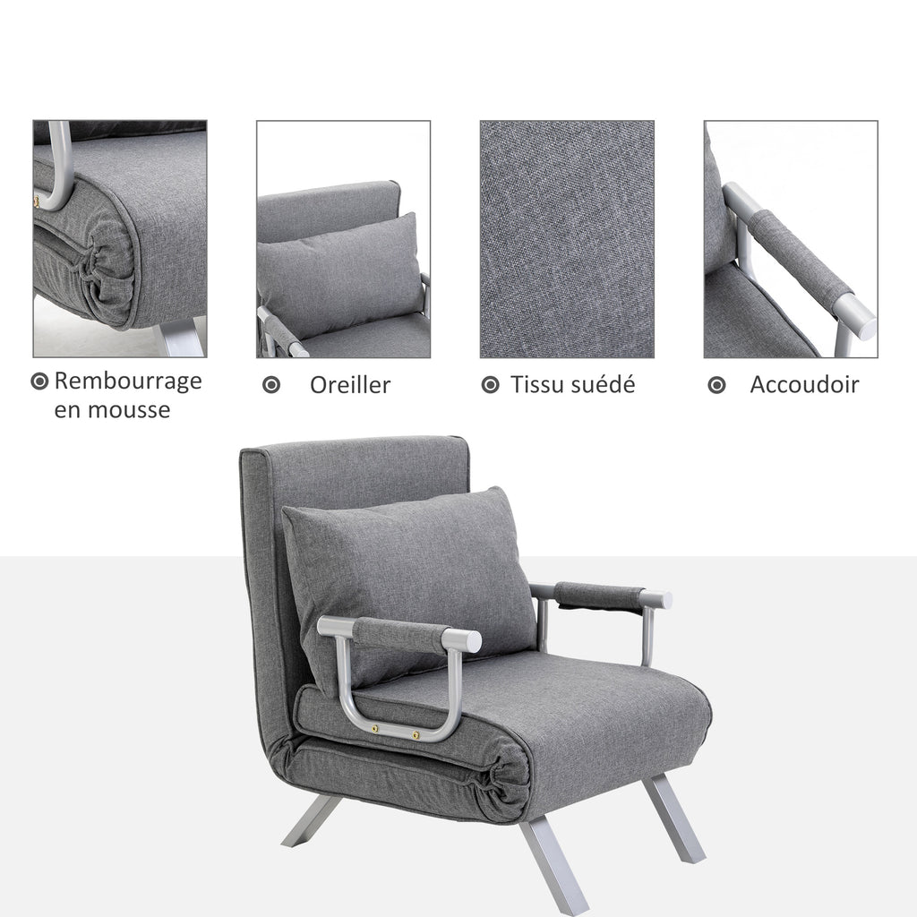 Fauteuil chauffeuse canapé-lit Convertible 1 Place déhoussable Grand Confort Coussin Pieds accoudoirs métal Lin Gris Clair-5