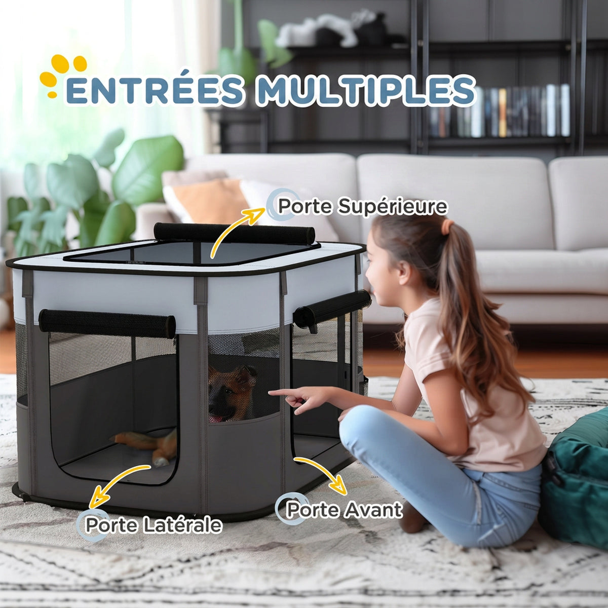 Parc enclos pliable pour chien chat petits animaux en tissu Oxford avec rangement 84 x 64 x 53 cm gris et noir-4
