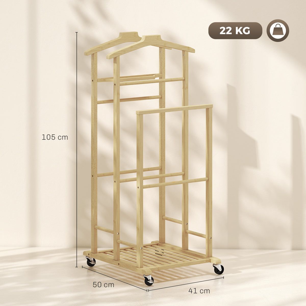 Valet de chambre à roulettes, portant à vêtements en bambou, cintres, barres de suspension, plateau et étagère, chêne-2