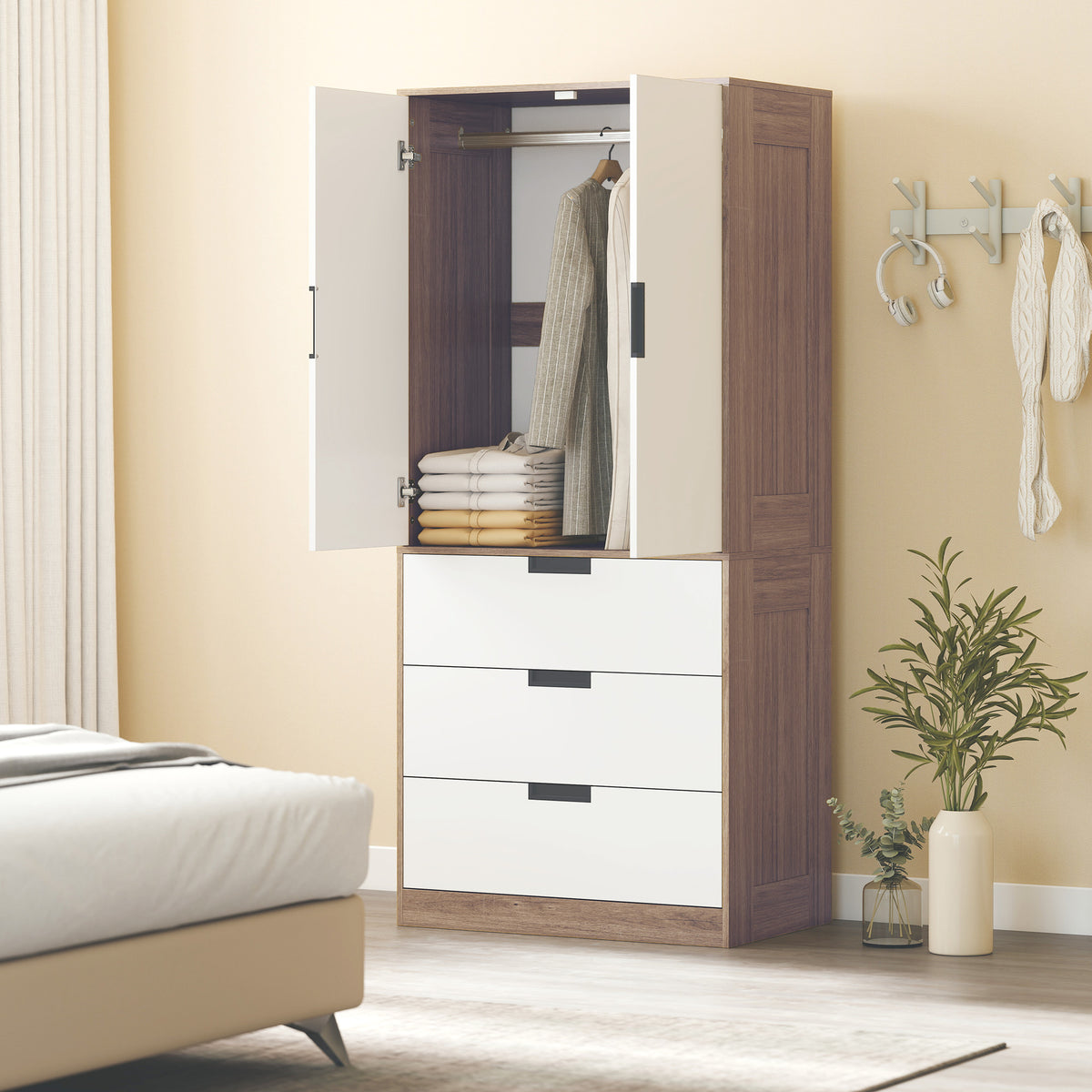 Armoire 2 portes, armoire moderne avec 3 tiroirs et tringle de suspension pour chambre à coucher, marron-6