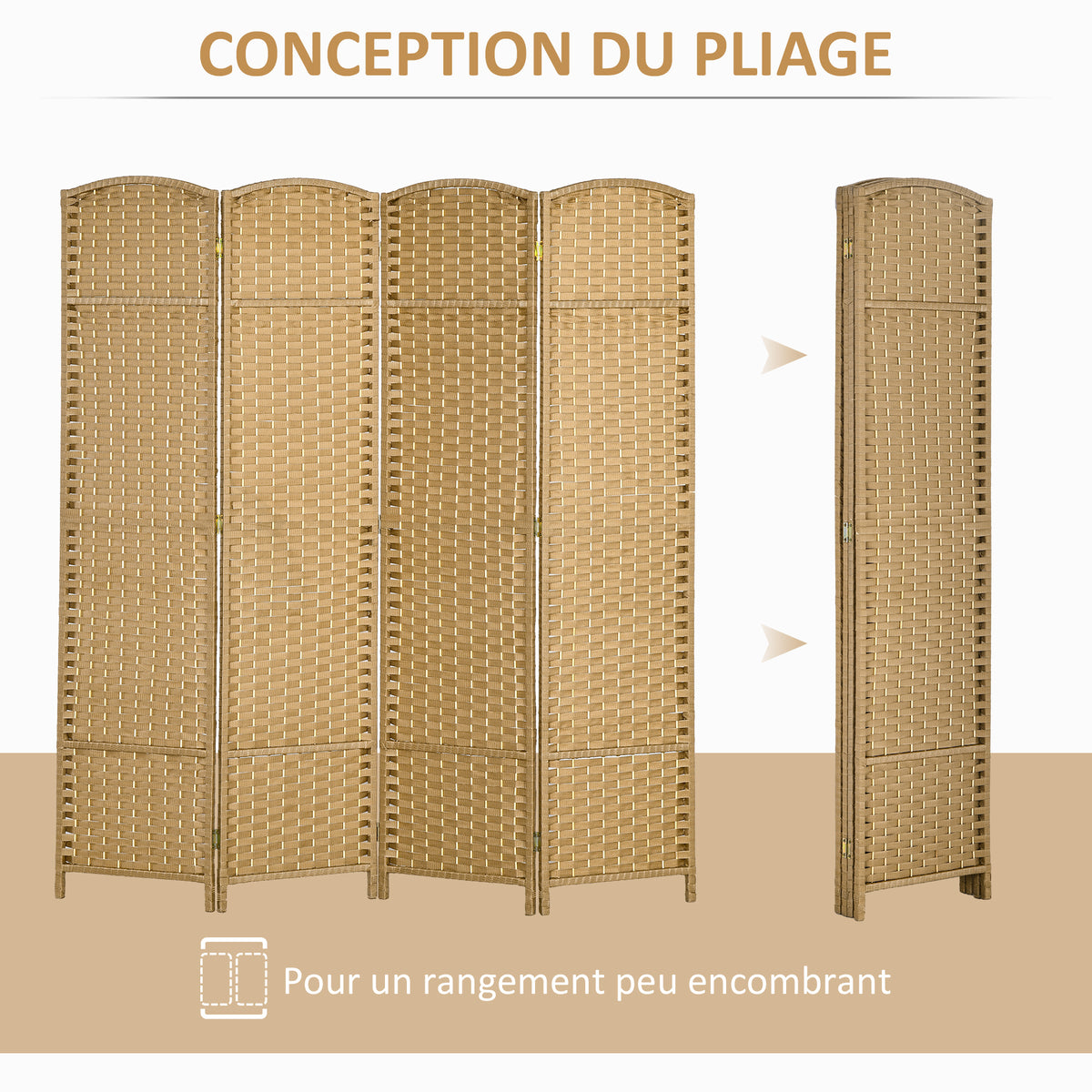 Paravent interieur en bois 4 panneaux 160 x 170 cm séparateur de pièce pliable pour salon, chambre à coucher, naturel-4