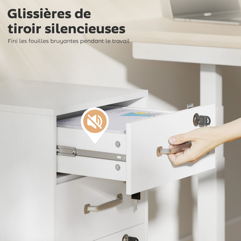 Caisson de Bureau Mobile avec 3 Tiroirs Verrouillables, Caisson de Rangement sur Roulettes, 40 x 40 x 69,5 cm, Blanc-5