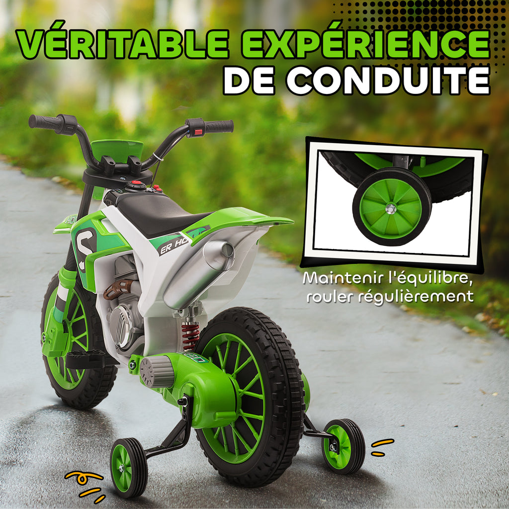 Moto Cross électrique pour Enfant 3 à 5 Ans 12 V 3-8 Km/h avec roulettes latérales Amovibles dim. 106,5L x 51,5l x 68H cm Vert-5