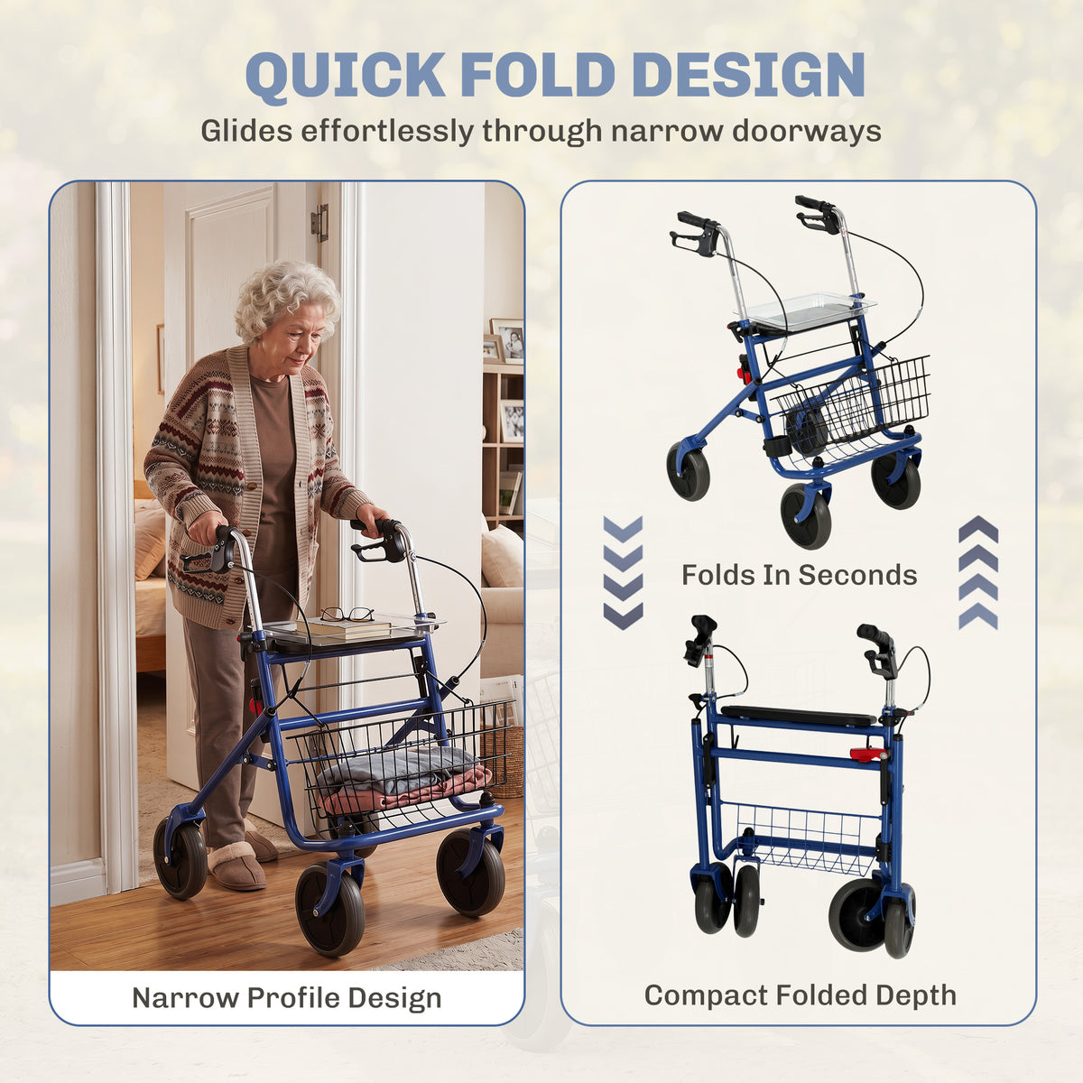 Déambulateur 4 roues pliable, rollator en acier inoxydable, siège rembourré en PU, poignée réglable, bleu-7