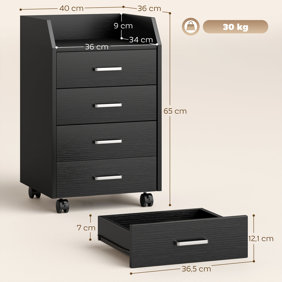 Caisson de bureau rangement sur roulettes 4 tiroirs coulissants en bois  40 x 36 x 65 cm noir-2
